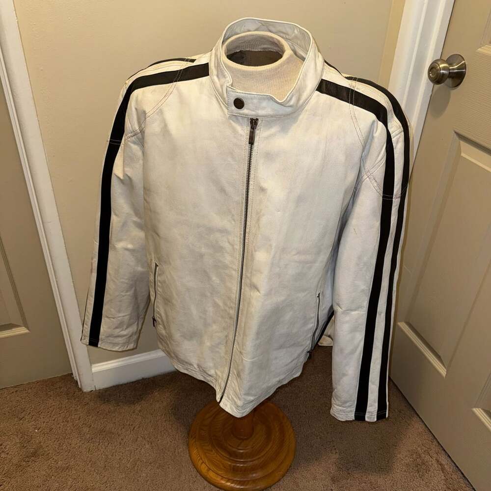 VTG Wilsons Leather White Genuine Leather Motorcycle Jacket with Black Stripes X